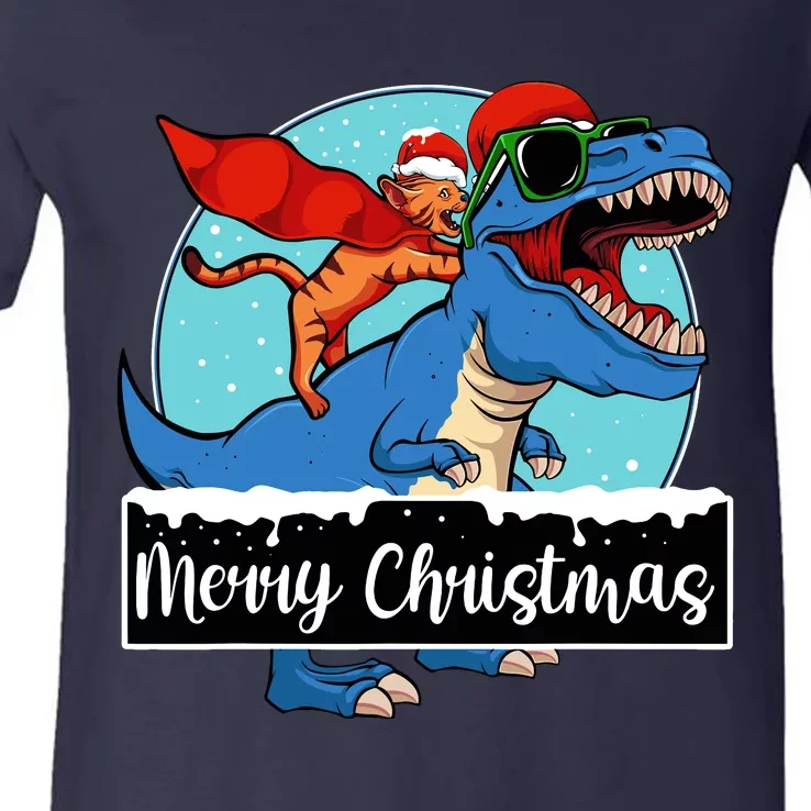 Cat Riding Dinosaur Christmas Pajama Cute Trex Santa Hat V-Neck T-Shirt