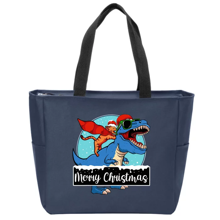 Cat Riding Dinosaur Christmas Pajama Cute Trex Santa Hat Zip Tote Bag