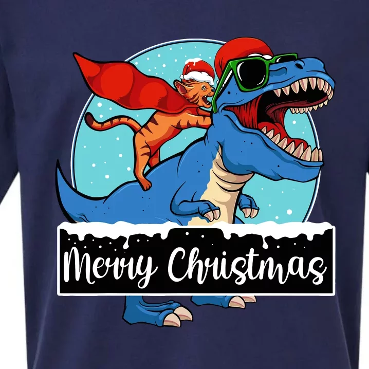 Cat Riding Dinosaur Christmas Pajama Cute Trex Santa Hat Sueded Cloud Jersey T-Shirt