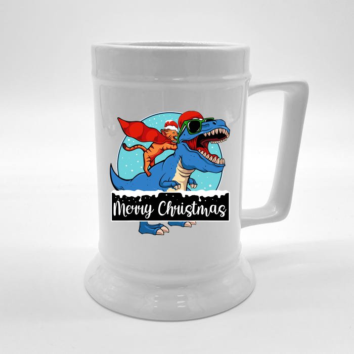 Cat Riding Dinosaur Christmas Pajama Cute Trex Santa Hat Front & Back Beer Stein