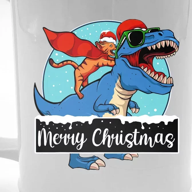 Cat Riding Dinosaur Christmas Pajama Cute Trex Santa Hat Front & Back Beer Stein