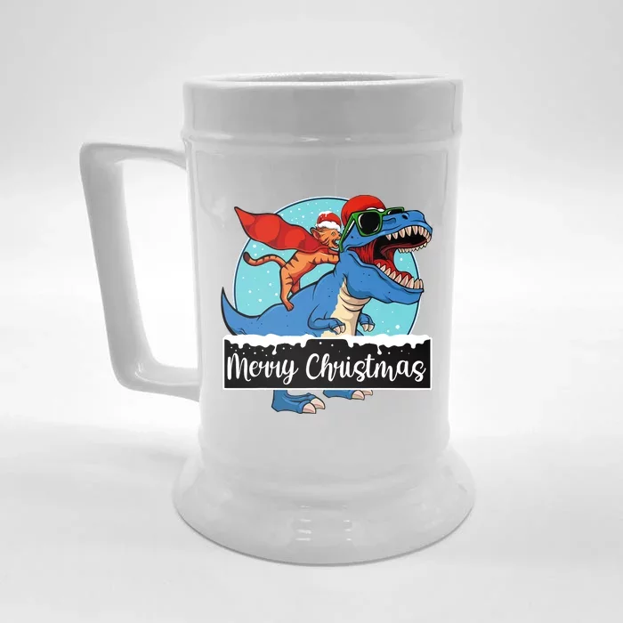 Cat Riding Dinosaur Christmas Pajama Cute Trex Santa Hat Front & Back Beer Stein