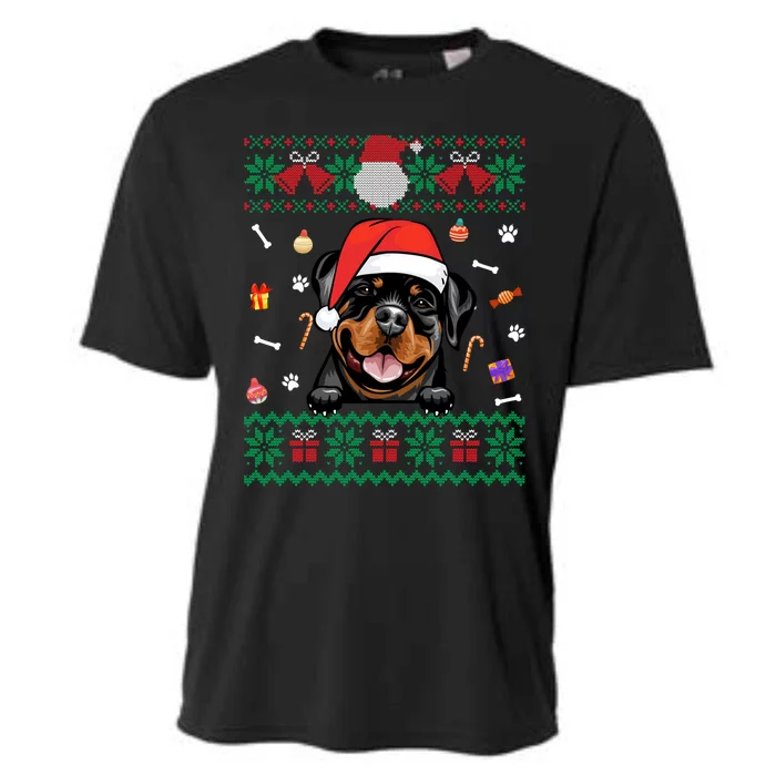 Cute Rottweiler Dog Ugly Christmas Sweater Santa Hat Xmas Funny Gift Cooling Performance Crew T-Shirt