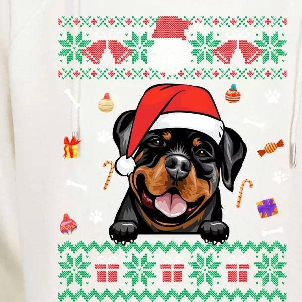 Cute Rottweiler Dog Ugly Christmas Sweater Santa Hat Xmas Funny Gift Womens Funnel Neck Pullover Hood