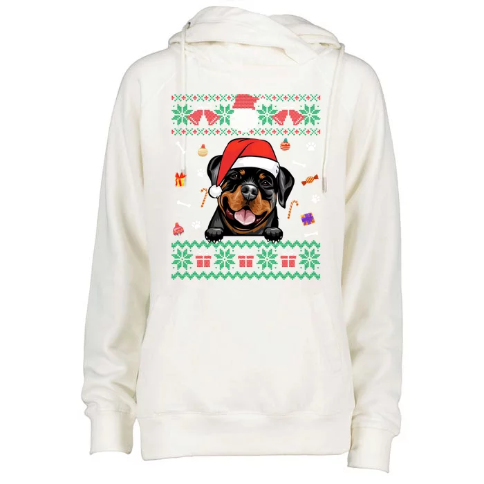 Cute Rottweiler Dog Ugly Christmas Sweater Santa Hat Xmas Funny Gift Womens Funnel Neck Pullover Hood