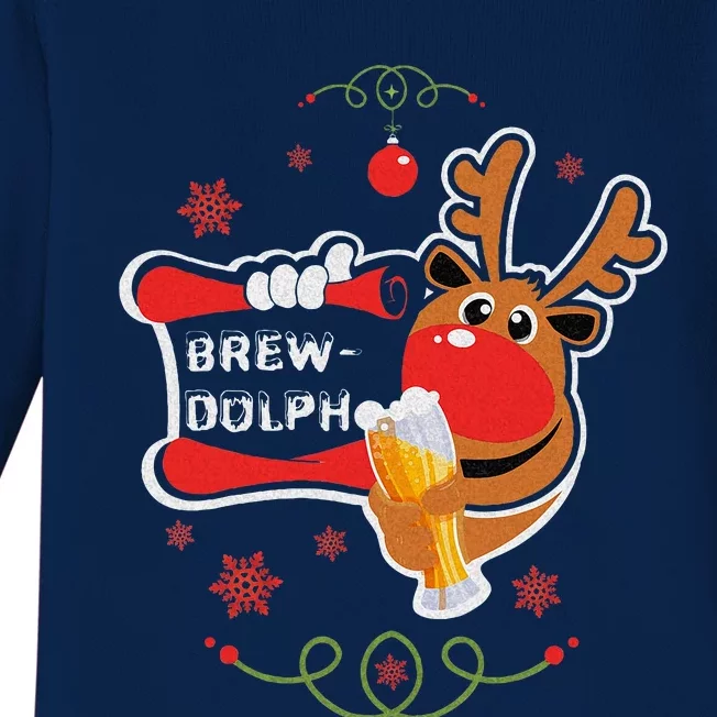 Christmas Rudolph Drinking Funny Brew Dolph For Beer Lovers Baby Long Sleeve Bodysuit