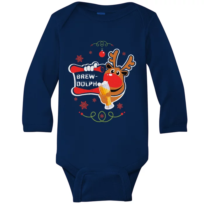 Christmas Rudolph Drinking Funny Brew Dolph For Beer Lovers Baby Long Sleeve Bodysuit