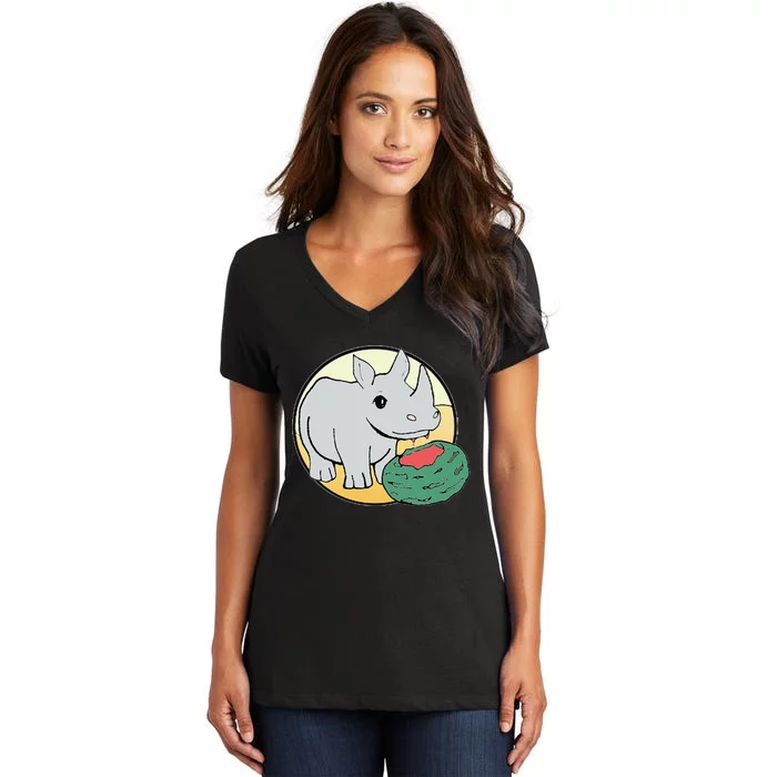 Cute Rhino Eating a Watermelon for Animal Lovers Women's V-Neck T-Shirt