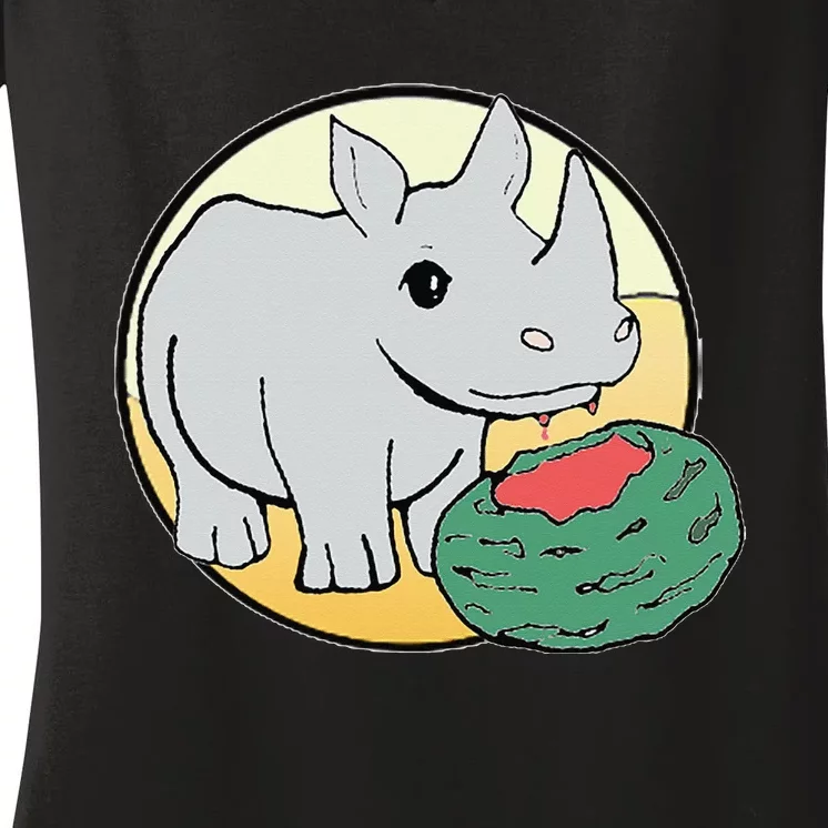 Cute Rhino Eating a Watermelon for Animal Lovers Women's V-Neck T-Shirt