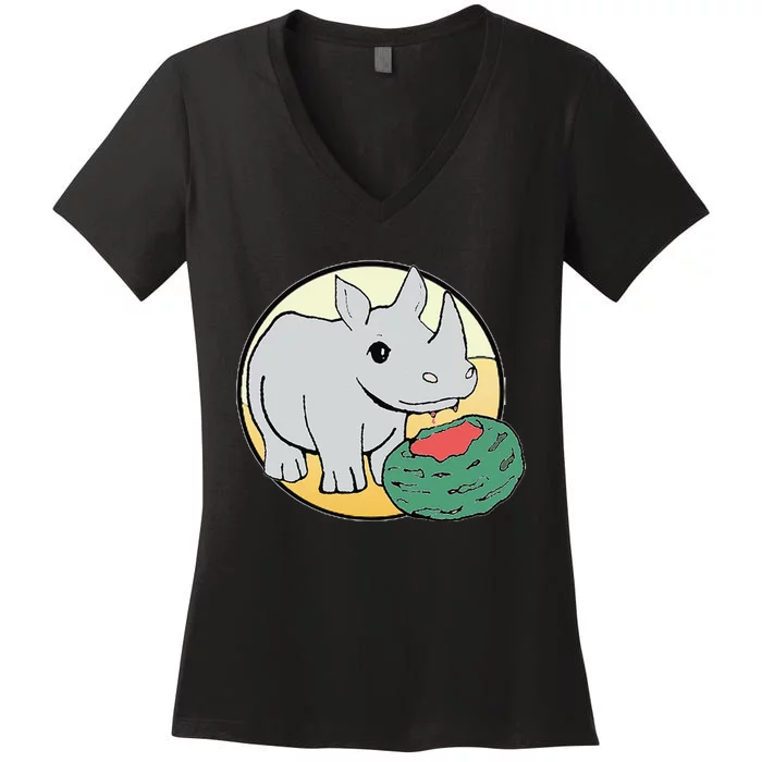 Cute Rhino Eating a Watermelon for Animal Lovers Women's V-Neck T-Shirt