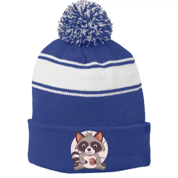 Cute Raccoon Eating A Chocolate Chip Cookie Gift Stripe Pom Pom Beanie