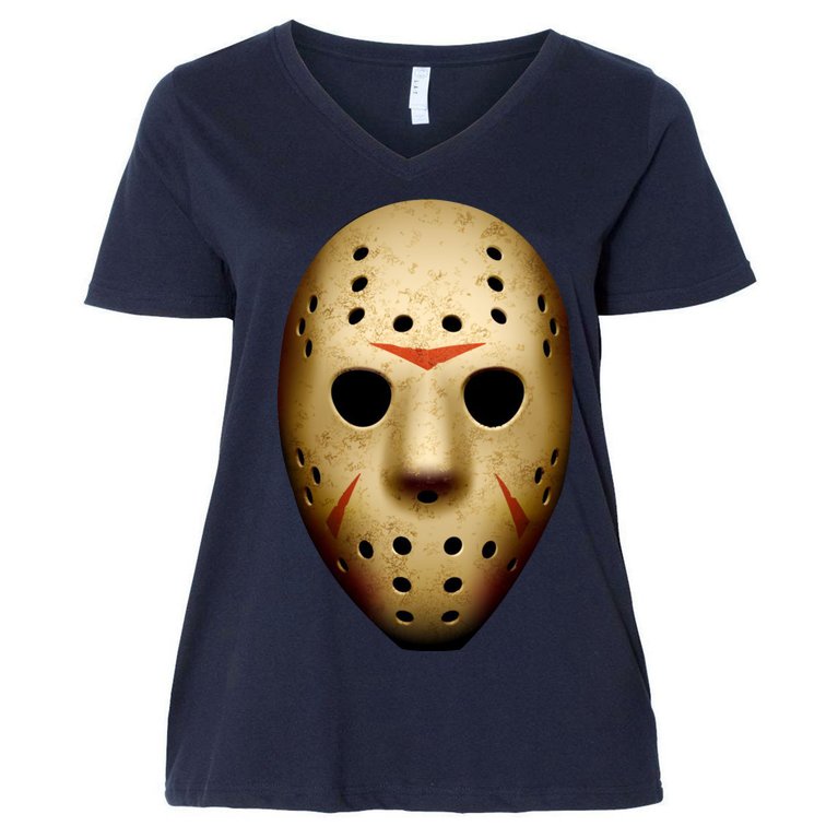 Creepy Goalie Hockey Halloween Mask Women's V-Neck Plus Size T-Shirt