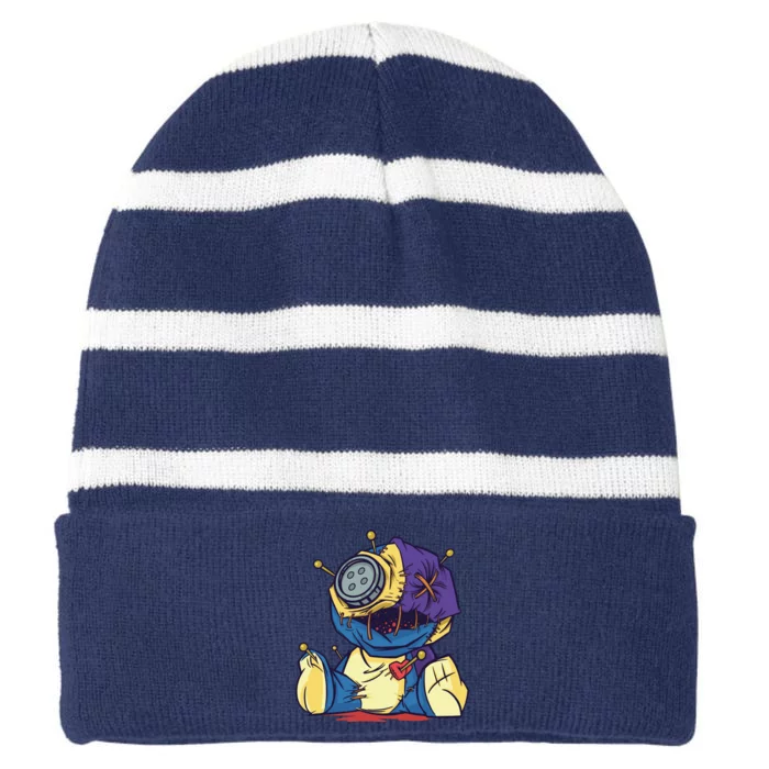 Creepy Voodoo Doll Striped Beanie with Solid Band