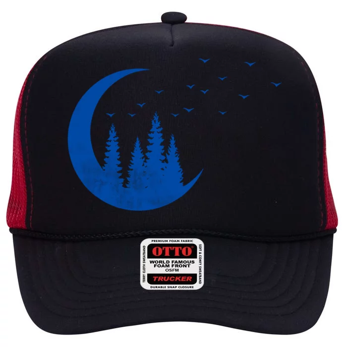 Crescent Moon Flocking Birds High Crown Mesh Trucker Hat