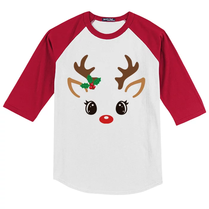 Cute Reindeer Face Christmas Kids Colorblock Raglan Jersey