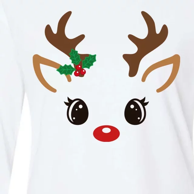 Cute Reindeer Face Christmas Womens Cotton Relaxed Long Sleeve T-Shirt