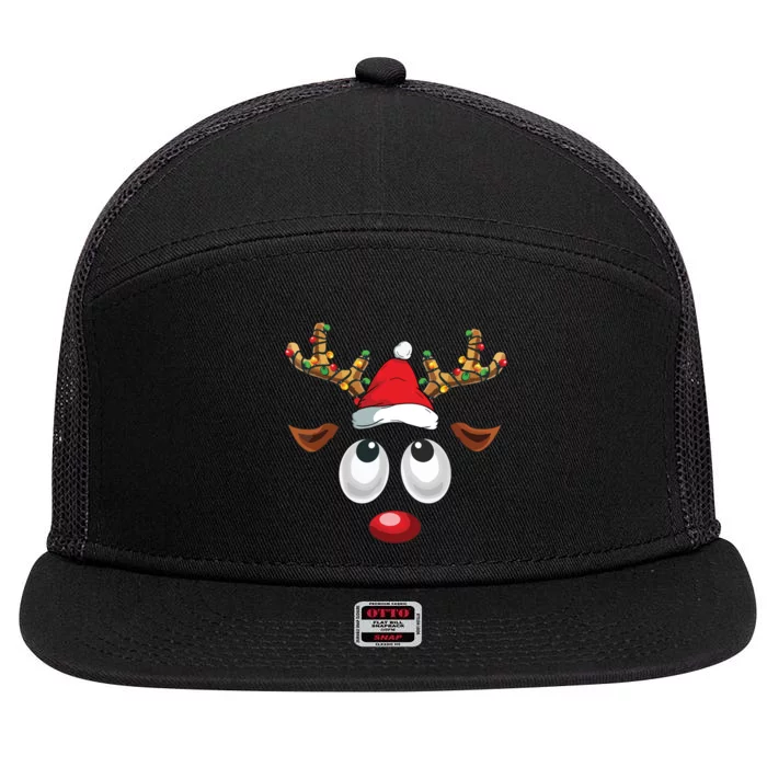 Christmas Reindeer Face Santa Hat Xmas Lights 7 Panel Mesh Trucker Snapback Hat