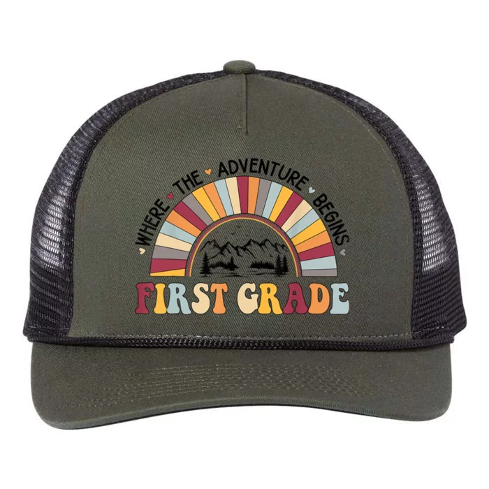 Cute Rainbow First Grade Where The Adventure Begins Retro Rope Trucker Hat Cap