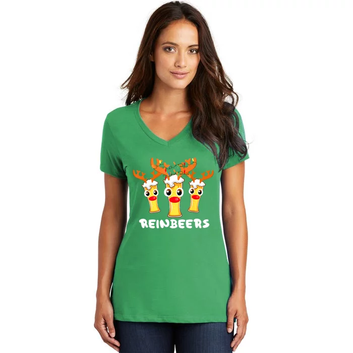 Christmas Reinbeers Funny Reindeer Beer Drinking Xmas Pajama Gift Women's V-Neck T-Shirt