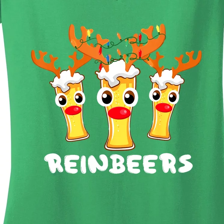 Christmas Reinbeers Funny Reindeer Beer Drinking Xmas Pajama Gift Women's V-Neck T-Shirt