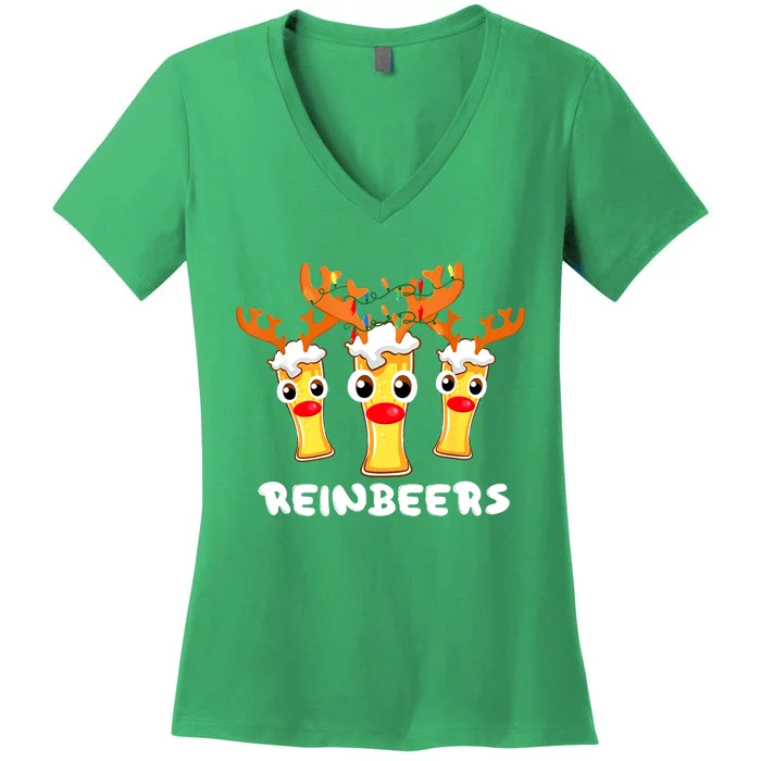 Christmas Reinbeers Funny Reindeer Beer Drinking Xmas Pajama Gift Women's V-Neck T-Shirt