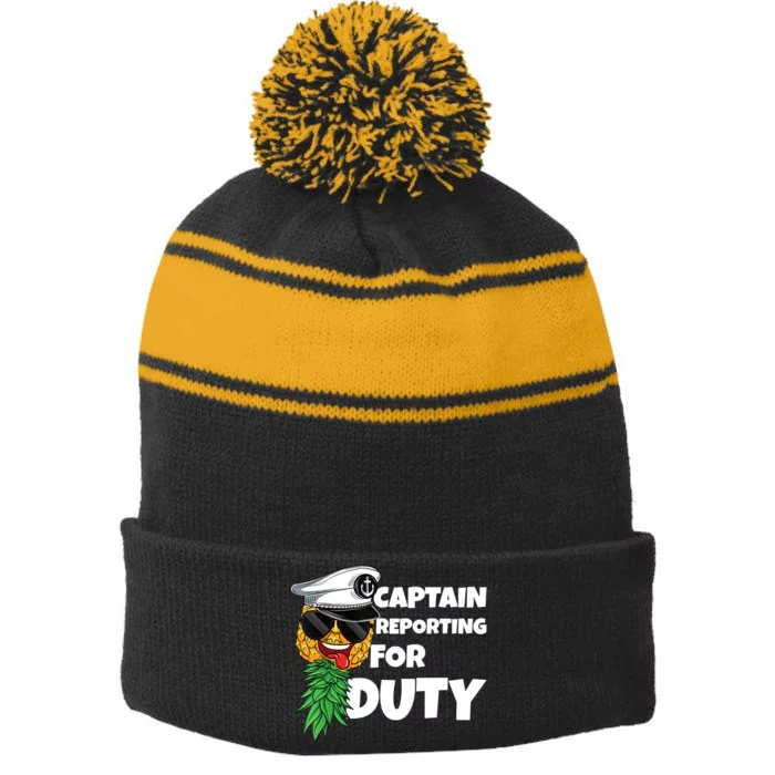 Captain Reporting For Duty Upside Down Pineapple Swinger Stripe Pom Pom Beanie