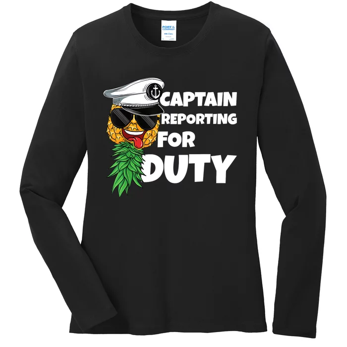 Captain Reporting For Duty Upside Down Pineapple Swinger Ladies Long Sleeve Shirt