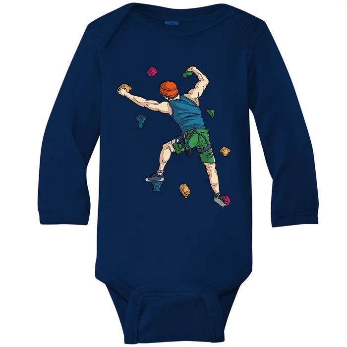 Climber Reaching For Holds Illustrated Rock Climbing Scene Baby Long Sleeve Bodysuit