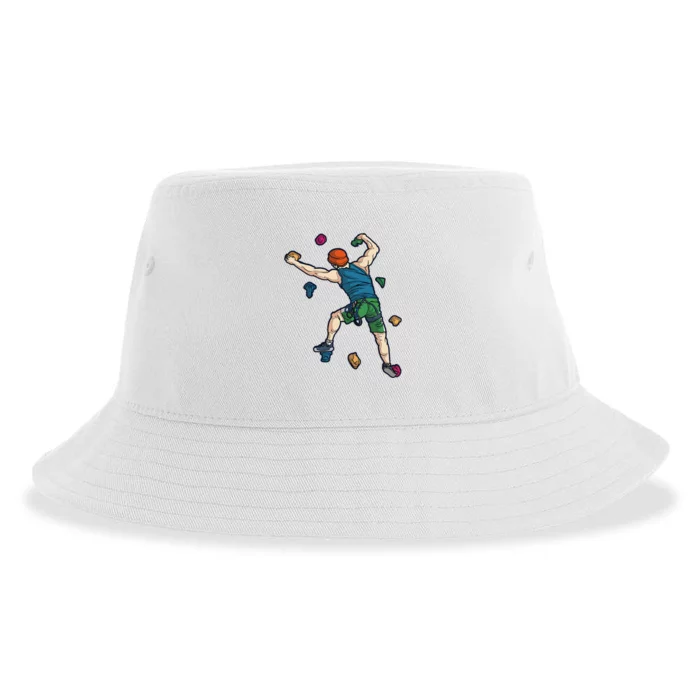 Climber Reaching For Holds Illustrated Rock Climbing Scene Sustainable Bucket Hat