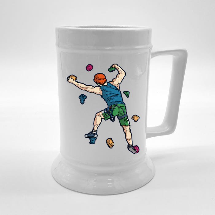 Climber Reaching For Holds Illustrated Rock Climbing Scene Front & Back Beer Stein