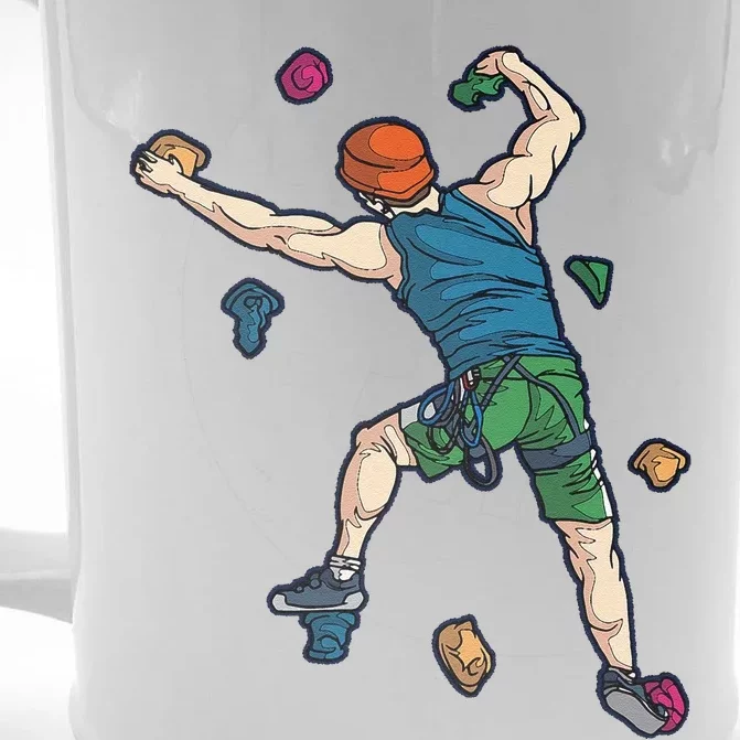 Climber Reaching For Holds Illustrated Rock Climbing Scene Front & Back Beer Stein