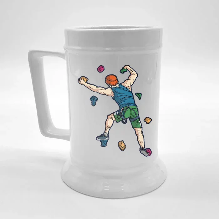 Climber Reaching For Holds Illustrated Rock Climbing Scene Front & Back Beer Stein