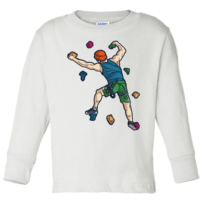 Climber Reaching For Holds Illustrated Rock Climbing Scene Toddler Long Sleeve Shirt