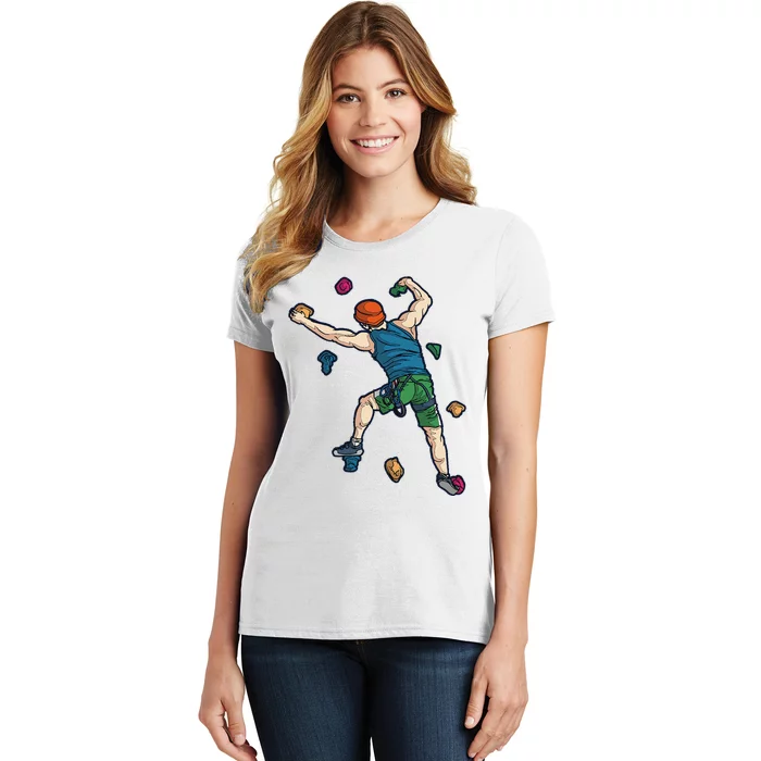 Climber Reaching For Holds Illustrated Rock Climbing Scene Women's T-Shirt