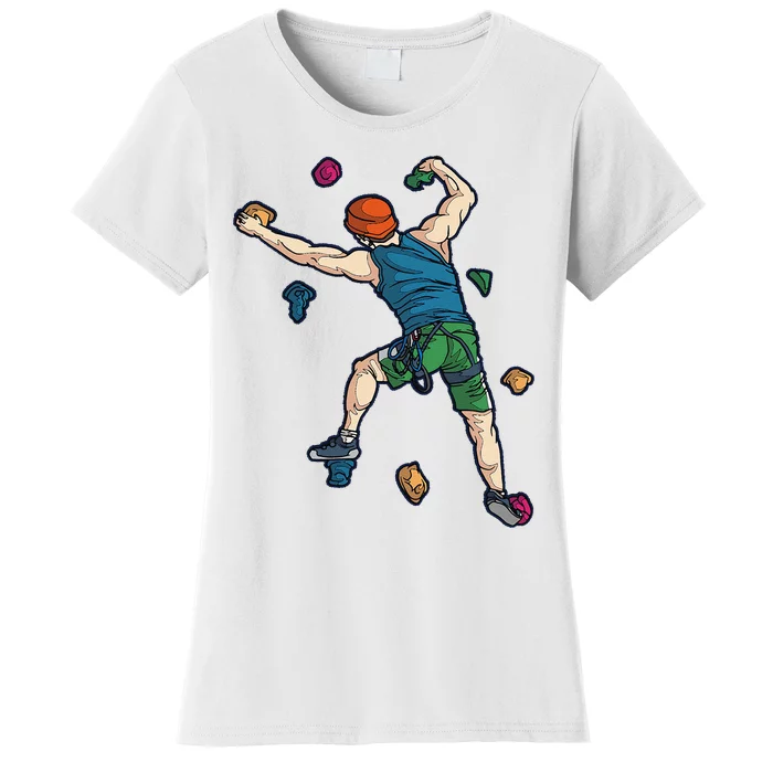 Climber Reaching For Holds Illustrated Rock Climbing Scene Women's T-Shirt