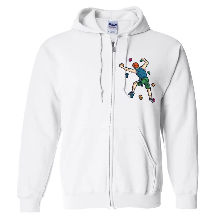 Climber Reaching For Holds Illustrated Rock Climbing Scene Full Zip Hoodie