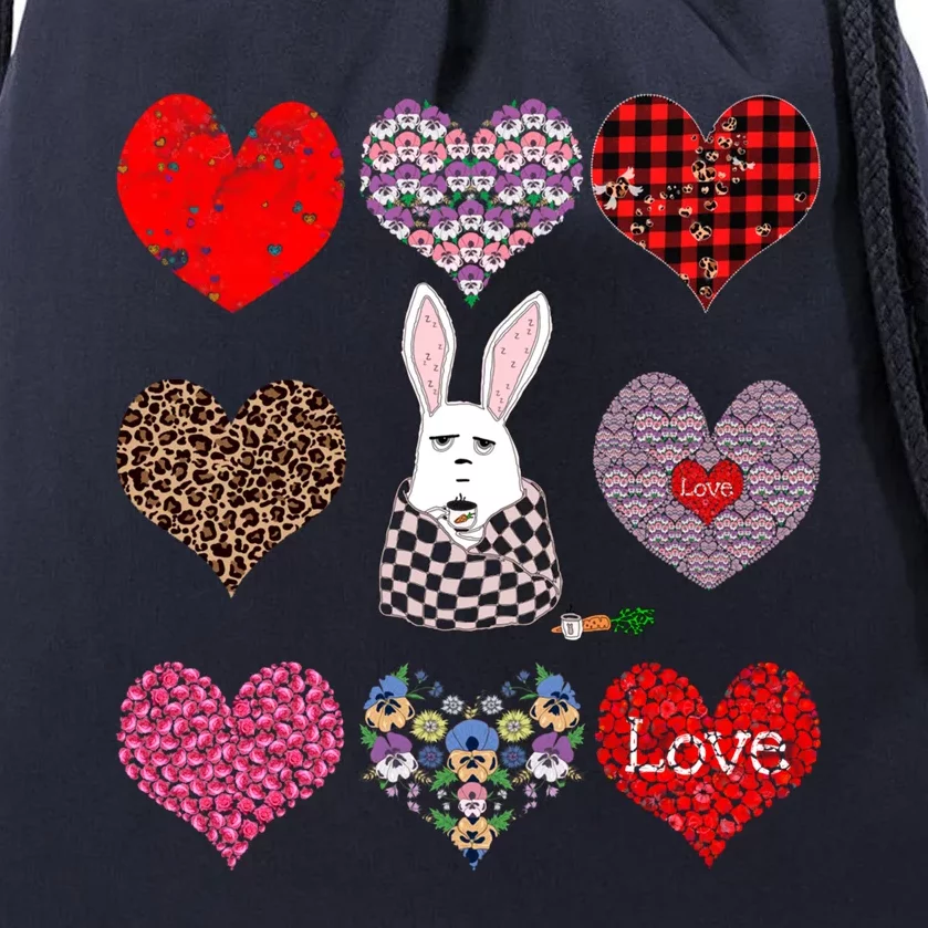 Cute Rabbit Funny Coffee Lover Hearts Pattern Valentines Day Gift Drawstring Bag