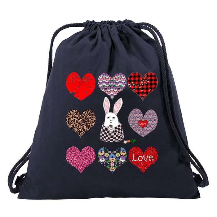 Cute Rabbit Funny Coffee Lover Hearts Pattern Valentines Day Gift Drawstring Bag