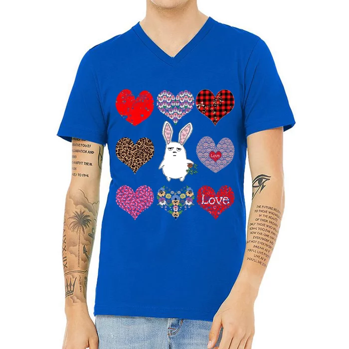 Cute Rabbit Funny Retro Floral Hearts Pattern Valentines Day Gift V-Neck T-Shirt