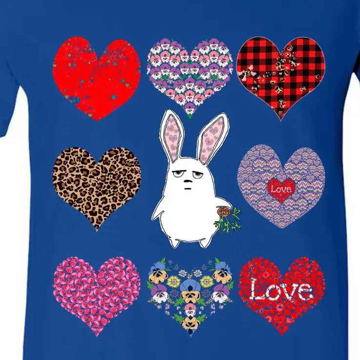 Cute Rabbit Funny Retro Floral Hearts Pattern Valentines Day Gift V-Neck T-Shirt