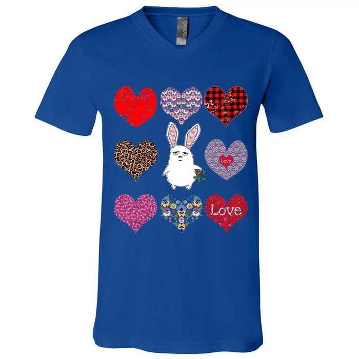 Cute Rabbit Funny Retro Floral Hearts Pattern Valentines Day Gift V-Neck T-Shirt