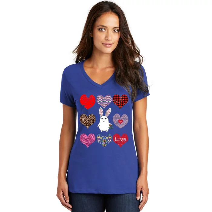 Cute Rabbit Funny Retro Floral Hearts Pattern Valentines Day Gift Women's V-Neck T-Shirt