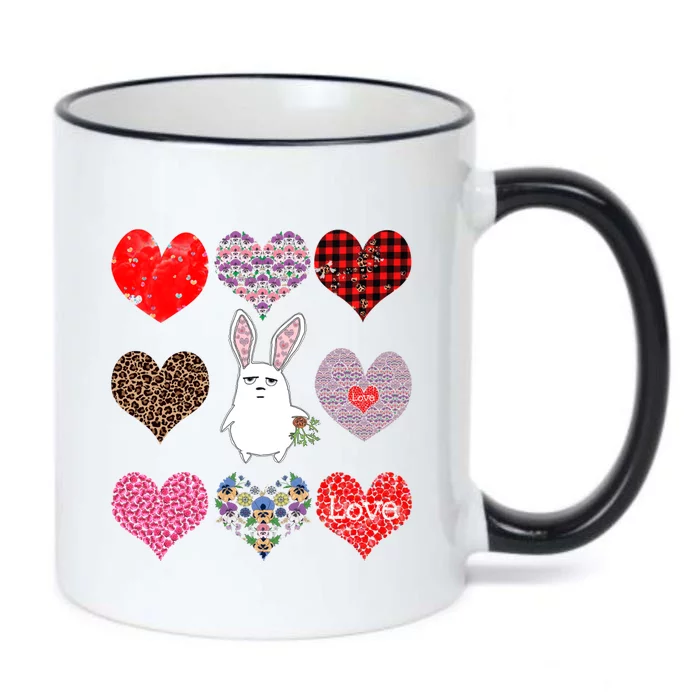 Cute Rabbit Funny Retro Floral Hearts Pattern Valentines Day Gift Black Color Changing Mug