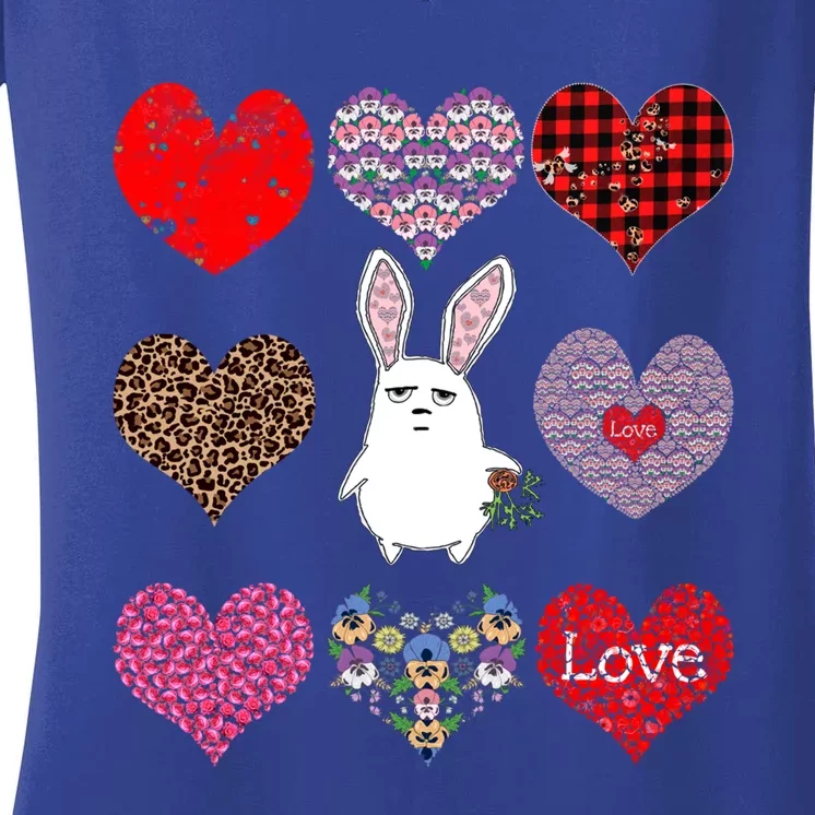 Cute Rabbit Funny Retro Floral Hearts Pattern Valentines Day Gift Women's V-Neck T-Shirt