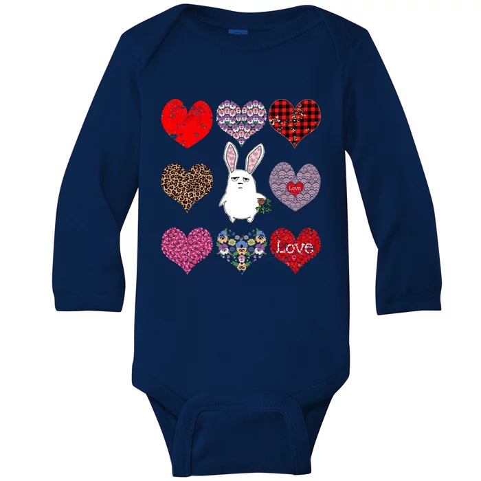 Cute Rabbit Funny Retro Floral Hearts Pattern Valentines Day Gift Baby Long Sleeve Bodysuit