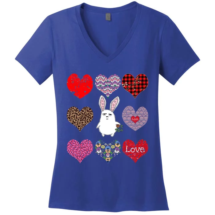 Cute Rabbit Funny Retro Floral Hearts Pattern Valentines Day Gift Women's V-Neck T-Shirt