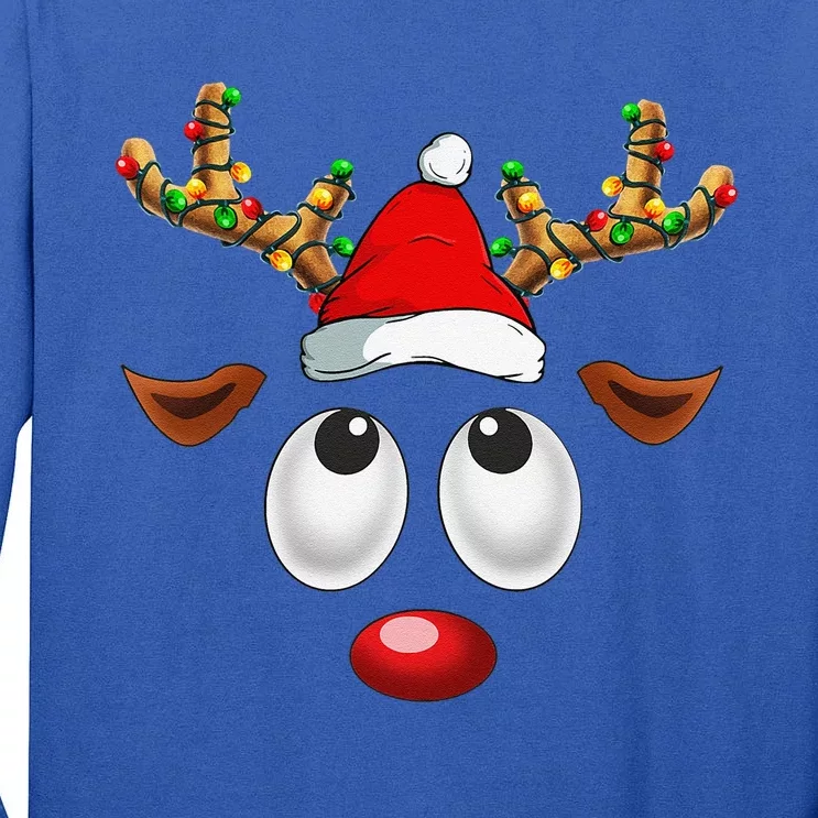 Christmas Reindeer Face Santa Hat Xmas Lights For Tall Long Sleeve T-Shirt