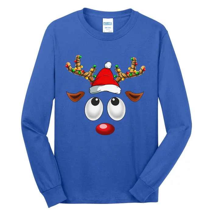 Christmas Reindeer Face Santa Hat Xmas Lights For Tall Long Sleeve T-Shirt