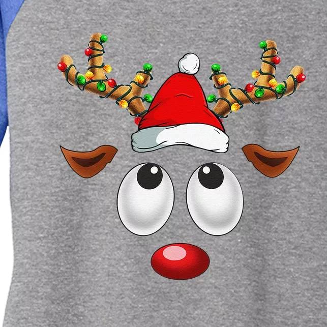 Christmas Reindeer Face Santa Hat Xmas Lights For Women's Tri-Blend 3/4-Sleeve Raglan Shirt