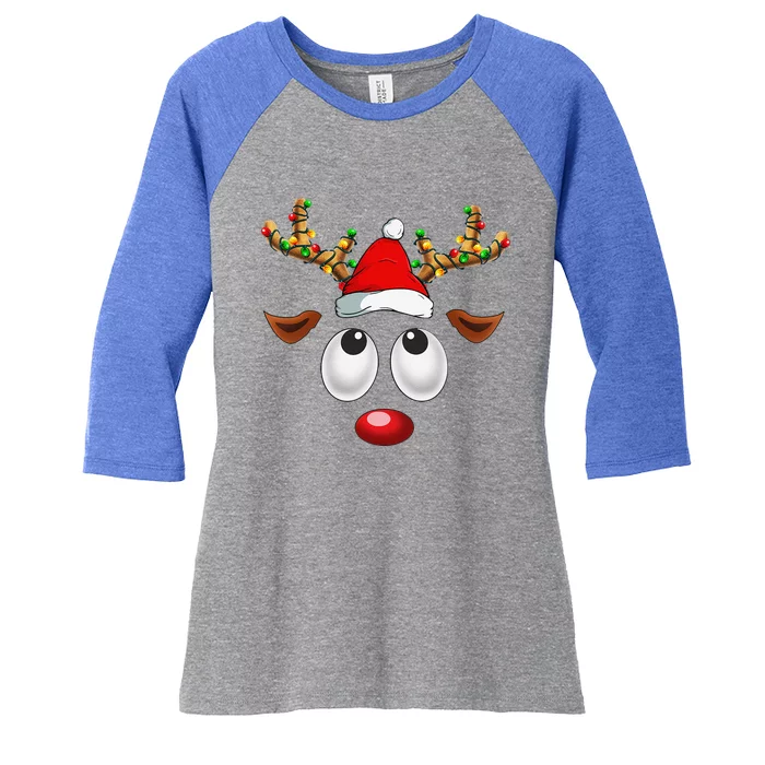 Christmas Reindeer Face Santa Hat Xmas Lights For Women's Tri-Blend 3/4-Sleeve Raglan Shirt